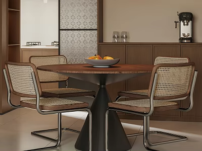 Modern Round Dining Table Set with Four Wicker Chairs and Fruit Bowl on Table 3d model