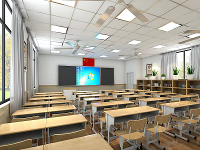 School Classroom Interior With Desks Chairs Blackboard National Flag Windows Ceiling Fans And Lights 3d model