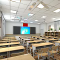 School Classroom Interior With Desks Chairs Blackboard National Flag Windows Ceiling Fans And Lights
