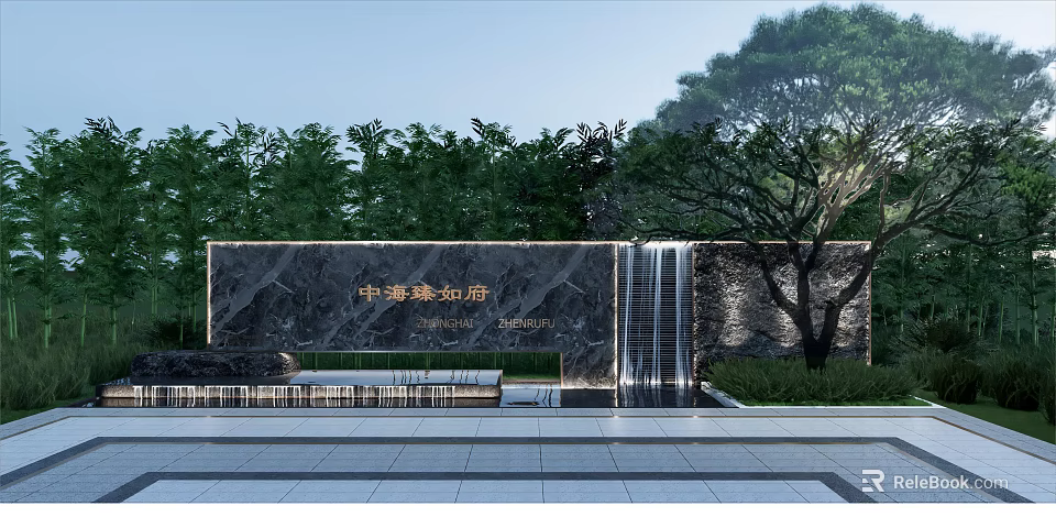 Modern Feature Wall Design With Stone Waterfall Lush Greenery And Trees 3d model 