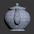 Traditional Teapot And Teacup With Blue White Wave Pattern Design