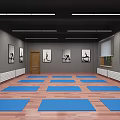 Yoga Fitness Studio With Wooden Floor Mats Blocks Aerial Hammocks And Exercise Posters