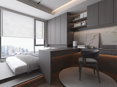 Modern Tatami Bedroom Design With Storage Cabinets City View Window Work Desk Round Rug And Chair 3d model