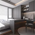 Modern Tatami Bedroom Design With Storage Cabinets City View Window Work Desk Round Rug And Chair