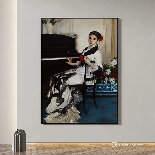 Elegant Portrait Painting of Woman Playing Piano in White Dress With Floral Decor 3d model 