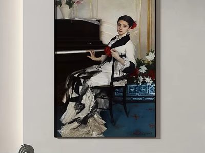 Elegant Portrait Painting of Woman Playing Piano in White Dress With Floral Decor 3d model
