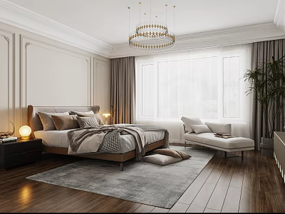 Modern Bedroom Interior With Crystal Chandelier Large Window Bed Pillows And Plush Rug 3d model