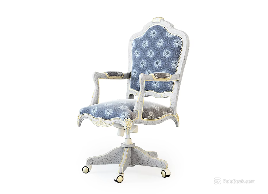 Elegant Classic Office Chair With Blue Floral Fabric Upholstery And Armrests On Swivel Wheels 3d model 