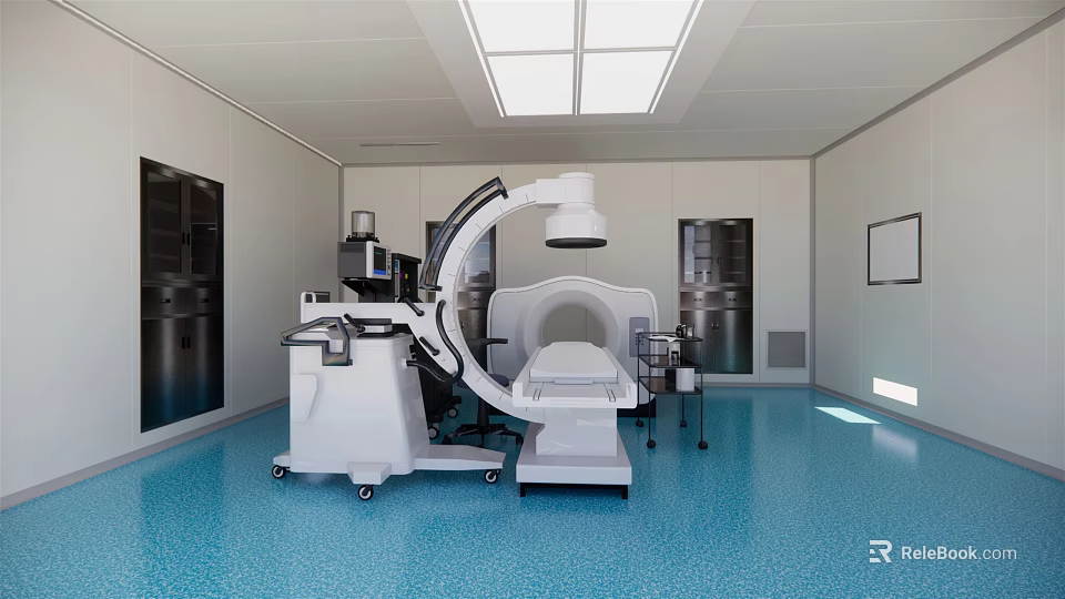 Operating Room Interior With Medical Equipment Blue Floor And White Walls 3d model 