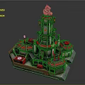 Cartoon Style Multi Level Tower Structure With Red Roofs Green Decorations And Fence