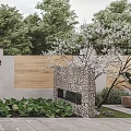 Garden Landscape Featuring Wooden Fence Stone Wall Pillars Wall Lamps And Vegetable Plants