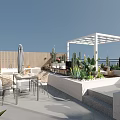 Roof Garden With White Pergola Outdoor Dining Table Chairs And Cacti Succulents
