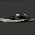 Black Crisscross Strap Slippers With Red White Orange Stripes And Woven Sole