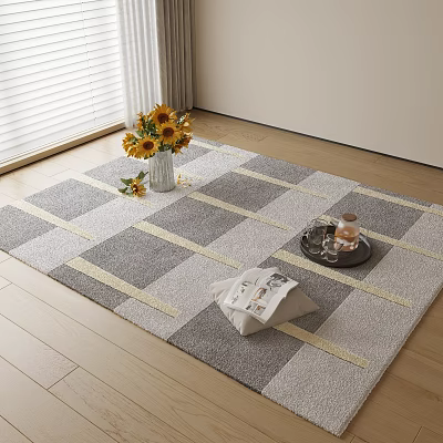 Gray And Yellow Checkered Square Rug With Sunflower Vase Tray Cups Book On Wooden Floor 3d model