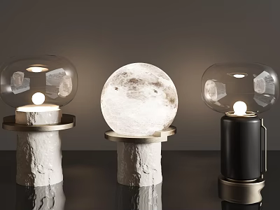 Three Modern Table Lamps With Lunar Surface Design Transparent Glass Shade And Rock Base 3d model