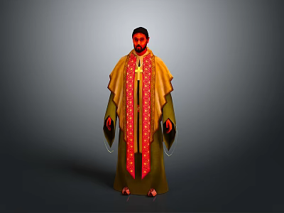 A Man in Ornate Robe With Cross Yellow Green Red Against Gray Background 3d model