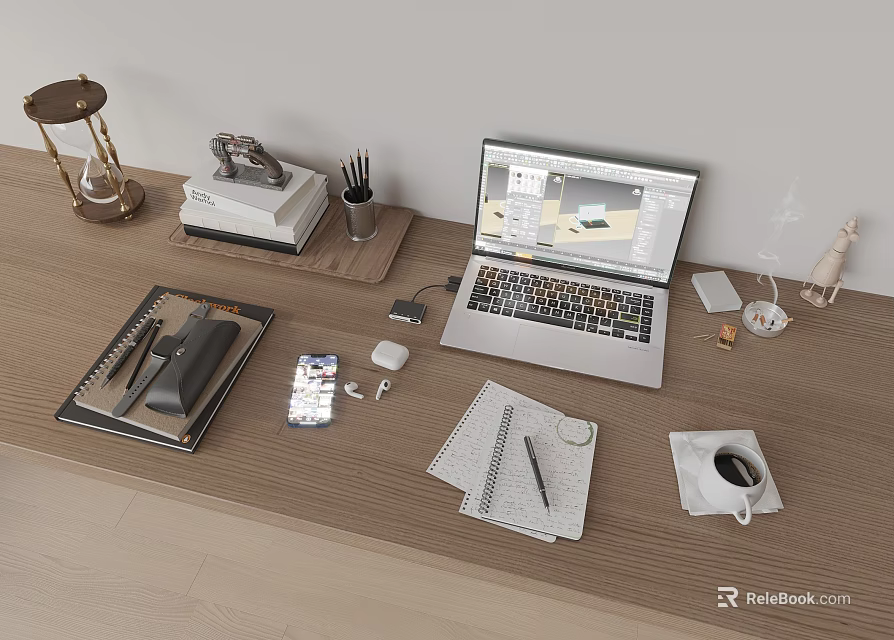 Organized Office Desk Setup With Laptop Notebooks Coffee Cup And Stationery 3d model 