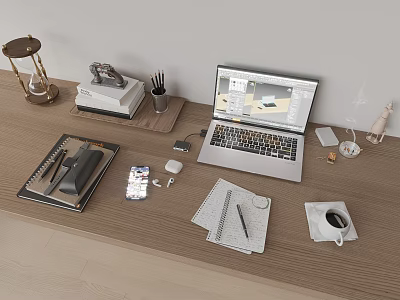 Organized Office Desk Setup With Laptop Notebooks Coffee Cup And Stationery 3d model