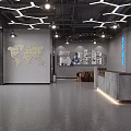 Modern Technology Company Lobby With Geometric Lighting Large Windows Wooden Bookshelves And Gray Reception Desk