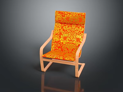 Modern Single Chair With Wooden Frame And Orange Yellow Floral Pattern Design 3d model