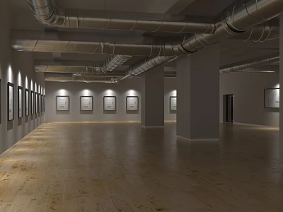 Cultural Center Exhibition Hall With Modern Interior Wooden Floors And Displayed Artworks 3d model