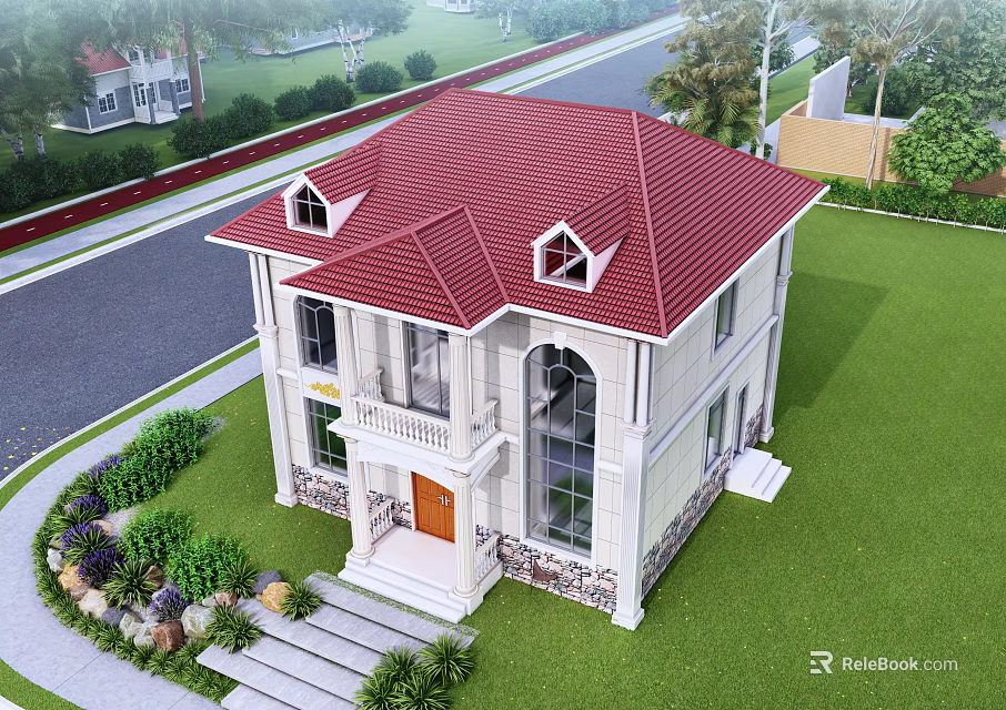 Detached Villa with Red Roof White Exterior Green Lawn and Front Porch Steps 3d model 