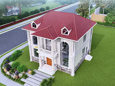 Detached Villa with Red Roof White Exterior Green Lawn and Front Porch Steps 3d model