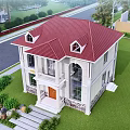 Detached Villa with Red Roof White Exterior Green Lawn and Front Porch Steps