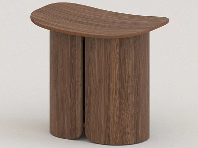 Dark Brown Wooden Stool With Curved Seat And Cylindrical Support Legs 3d model
