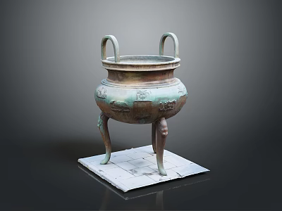 Ancient Bronze Ding With Intricate Carvings Two Handles Three Legs On Square Base 3d model