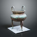Ancient Bronze Ding With Intricate Carvings Two Handles Three Legs On Square Base