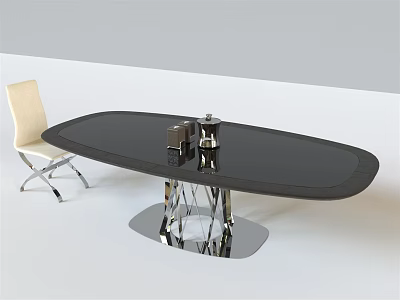 Modern Dining Table Set with Oval Black Tabletop Sleek Metal Legs and Matching Light Chair 3d model