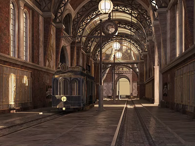 Historic Station Interior With Arched Ceiling Hanging Lamps Vintage Tram And Red Brick Walls 3d model
