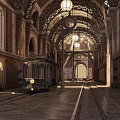 Historic Station Interior With Arched Ceiling Hanging Lamps Vintage Tram And Red Brick Walls