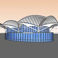 Modern Architectural Structure Featuring Curved Roof Design And Glass Facade Elements 3d model