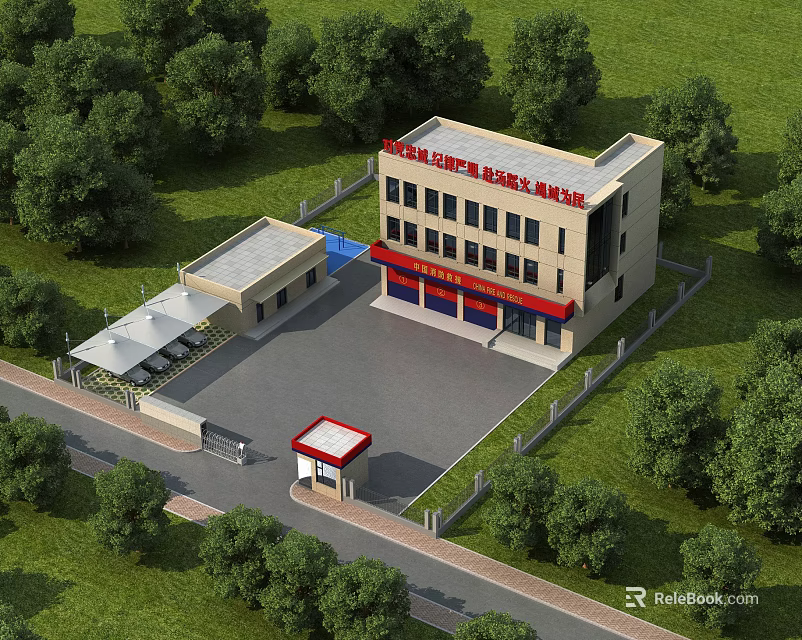 Birds Eye View Planning of Modern Commercial Building with Greenery Parking Area and Entrance Gate 3d model 
