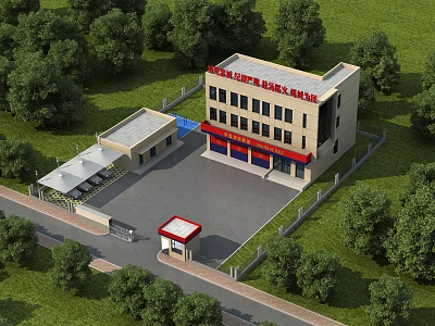 Birds Eye View Planning of Modern Commercial Building with Greenery Parking Area and Entrance Gate 3d model