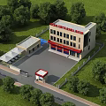 Birds Eye View Planning of Modern Commercial Building with Greenery Parking Area and Entrance Gate