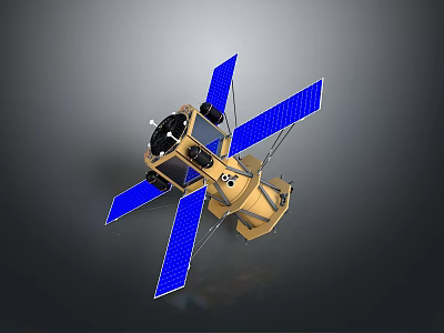 Detailed 3D Model Of Satellite With Blue Solar Panels And Yellow Body Structure 3d model