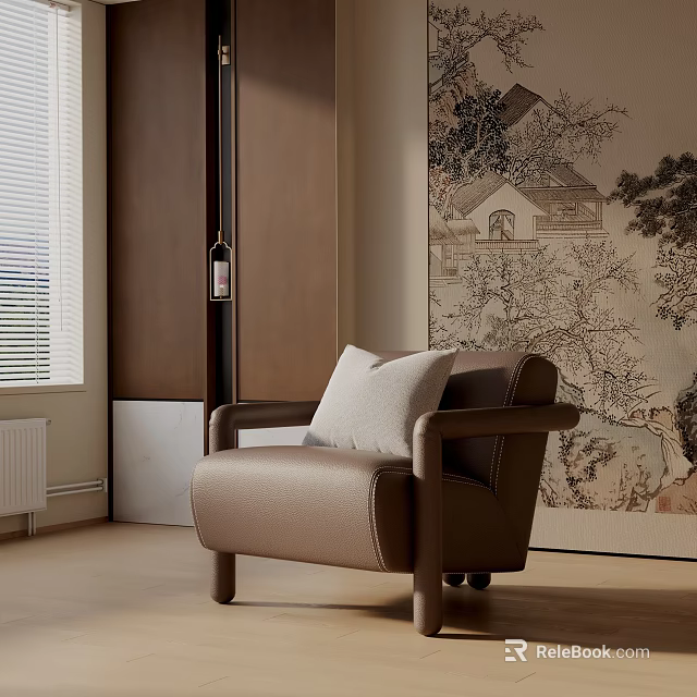 Brown Leather Accent Chair with Light Cushion Wooden Cabinet Window Blinds and Chinese Painting 3d model 