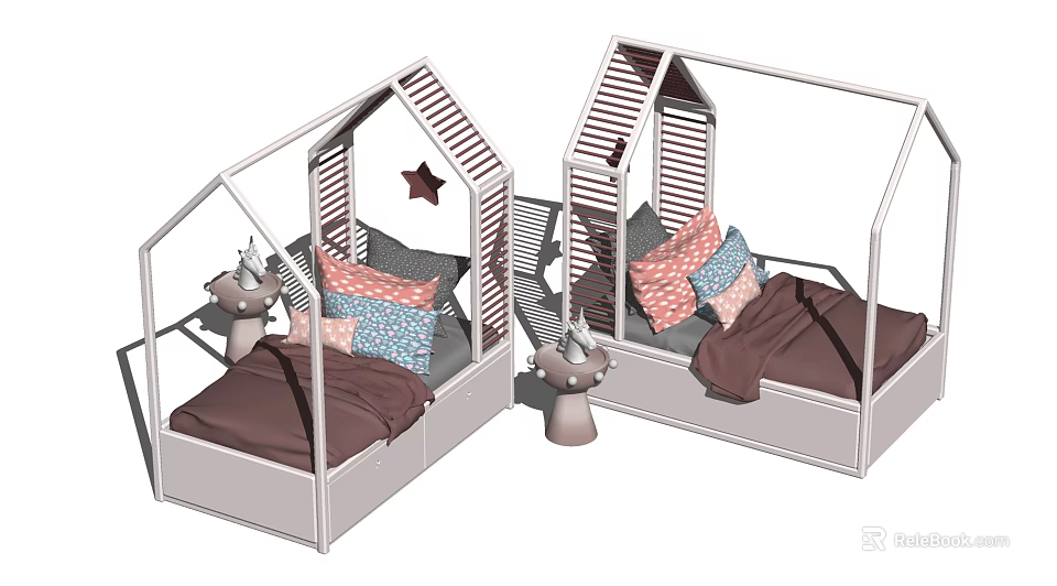House Shaped Children's Bed With White Frame Striped Roof And Mushroom Nightstand 3d model 