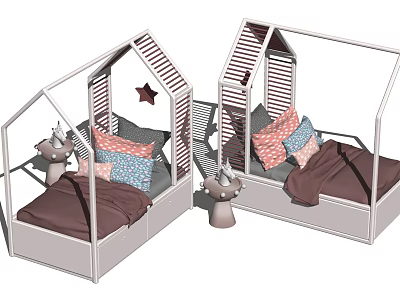 House Shaped Children's Bed With White Frame Striped Roof And Mushroom Nightstand 3d model