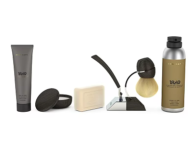 Stylish Bathroom Accessories With Shaving Brush Soap Lotion Bottle And Soap Dish 3d model