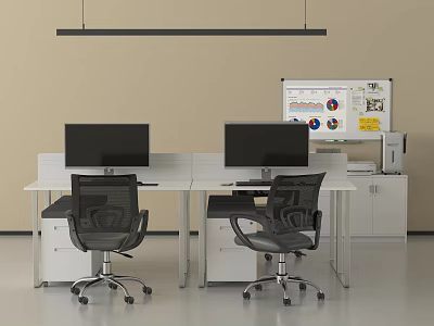 Modern Office Desk Setup With Dual Monitors Ergonomic Chairs Storage Cabinets And Whiteboard 3d model