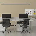 Modern Office Desk Setup With Dual Monitors Ergonomic Chairs Storage Cabinets And Whiteboard