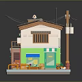 Cartoon Style Small Shop Building With Green Wall Red Staircase And Decorative Plants