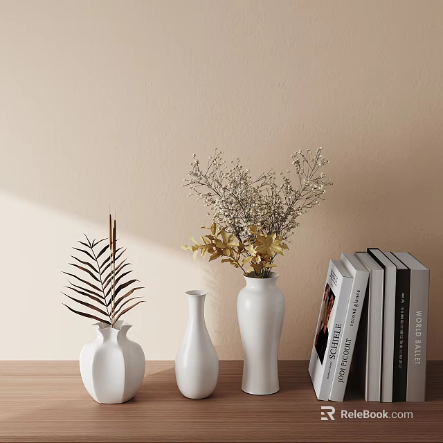 Ornamental Decor Set with White Vases Dried Flowers Fern Leaves and Books on Wooden Tabletop 3d model 