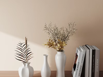 Ornamental Decor Set with White Vases Dried Flowers Fern Leaves and Books on Wooden Tabletop 3d model