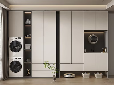 Home Balcony With White Cabinets Washing Machine Dryer Storage Sink Round Mirror And Green Plant 3d model