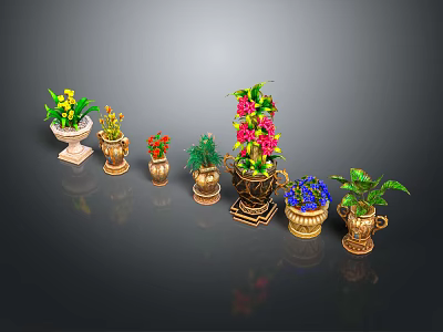 Colorful Potted Plants With Various Flowers Green Leaves And Decorative Golden Pots 3d model